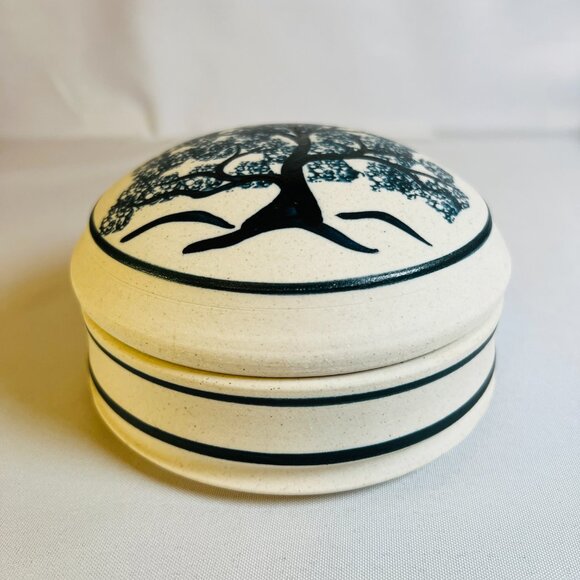 Tree of Life Lidded Trinket Box Vintage Hand Painted Ceramic Cobalt Blue Signed - Picture 6 of 12